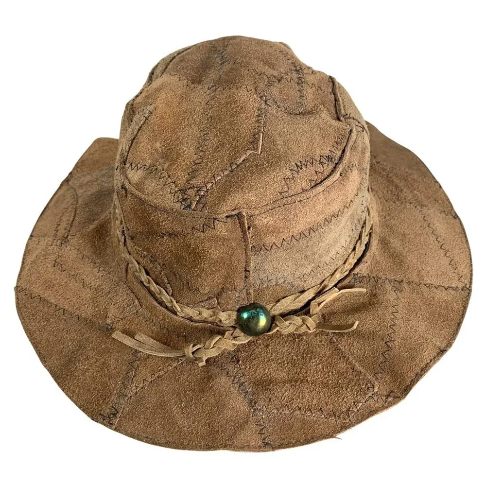 VTG Brown Suede Patchwork Western Hat Braided Band Unisex Handmade Mexico SZ M